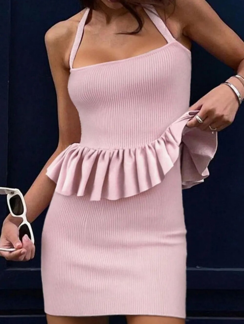 Ribbed Halter Neck Peplum Mini Dress - Picture 3 of 5
